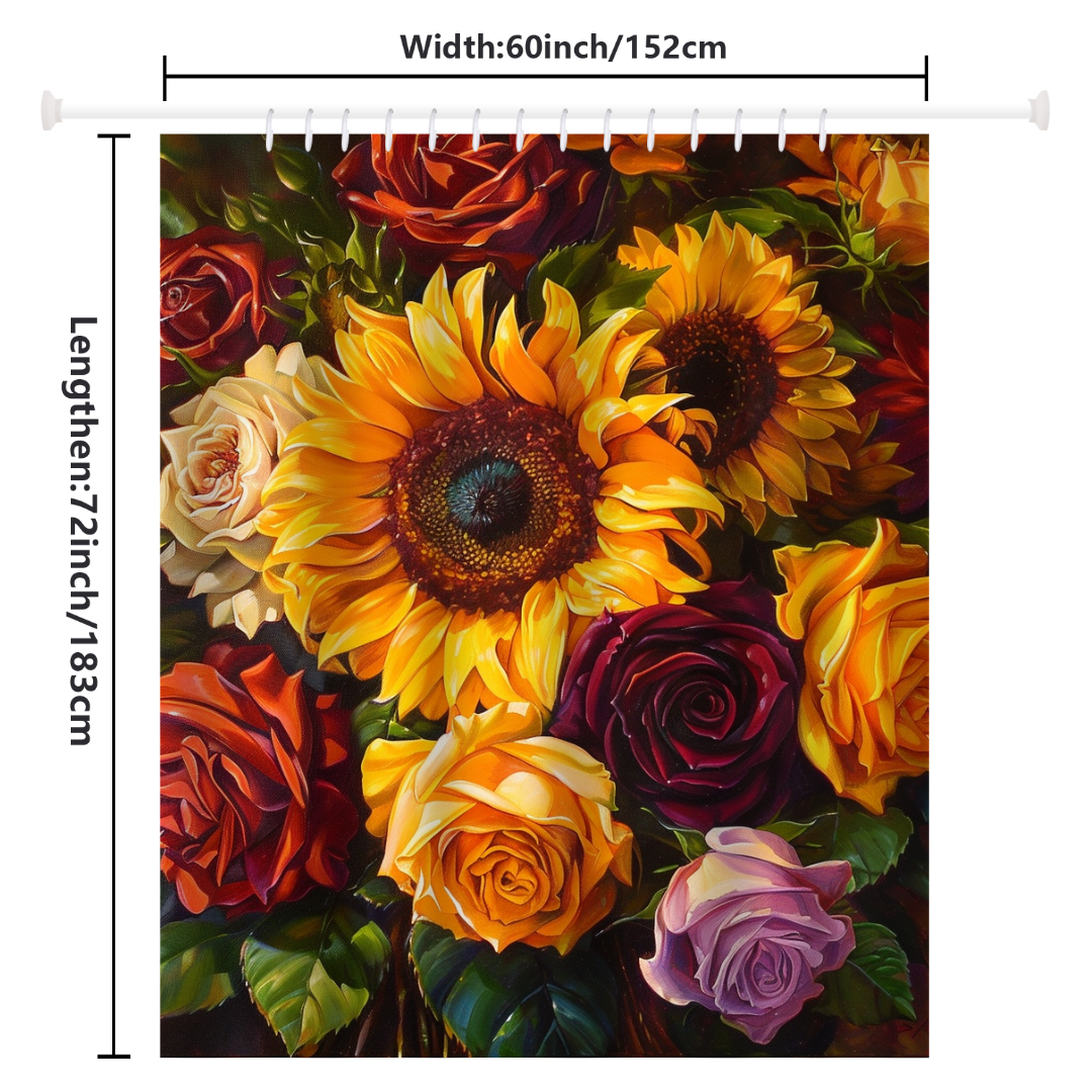 The Colorful Painting Sunflower Roses Shower Curtain-Cottoncat by Cotton Cat is a brightly colored tapestry featuring sunflowers and various roses. Measuring 60 inches in width and 72 inches in length, as indicated by arrows, this vibrant artwork evokes the feel of a colorful painting with its rich floral themes.