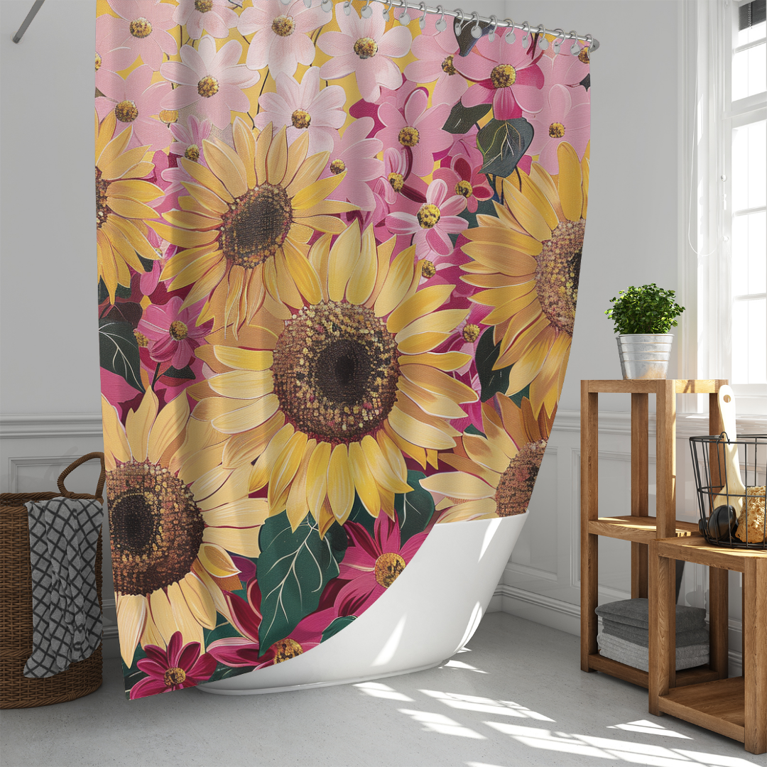 The Cotton Cat Vintage Pink Cartoon Sunflower Shower Curtain features a whimsical design with large sunflowers and pink flowers, adding a touch of charm to your well-lit bathroom with its wooden shelf, basket, and potted plant.