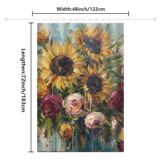 A vibrant addition to your bathroom decor, the Cotton Cat Watercolor Painting Sunflower and Roses Shower Curtain showcases a painted design with sunflowers and various other flowers. Dimensions are 48 inches (122 cm) in width and 72 inches (183 cm) in length.