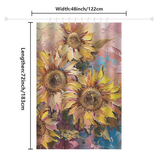 The Artistic Colorful Pink Sunflower Shower Curtain-Cottoncat by Cotton Cat is a vibrant polyester curtain with large sunflowers displayed on a pink and blue background. Measuring 48 inches in width and 72 inches in height, this artistic and colorful piece brightens up your bathroom decor effortlessly.