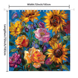 A vibrant Cotton Cat shower curtain named "Colorful Purple Floral Sunflower Shower Curtain Blue Sky-Cottoncat," featuring various colorful flowers including sunflowers, roses, and irises, all set against a blue sky backdrop, measuring 72 inches by 72 inches.