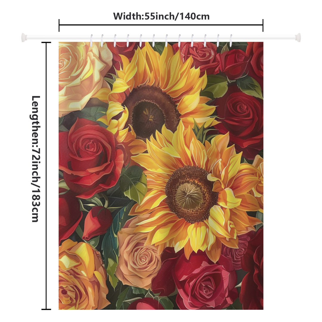 Transform your bathroom with the Romantic Sunflower Red Roses Shower Curtain-Cottoncat, a premium addition from Cotton Cat. This elegant bathroom decor showcases vibrant sunflower and red rose patterns and is crafted from premium polyester. Dimensions: 55 inches (140 cm) wide by 72 inches (183 cm) long.