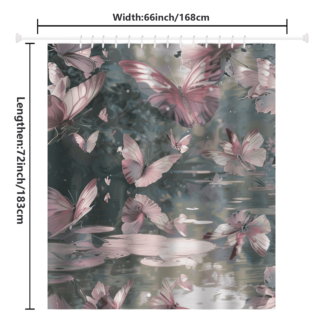 The Watercolor Colorful Monarch Butterfly Flower Garden Shower Curtain by Cotton Cat showcases a beautiful design of pink and white butterflies, reminiscent of Monarch butterflies, fluttering over a rippling water surface. Its dimensions are 66 inches in width and 72 inches in length.