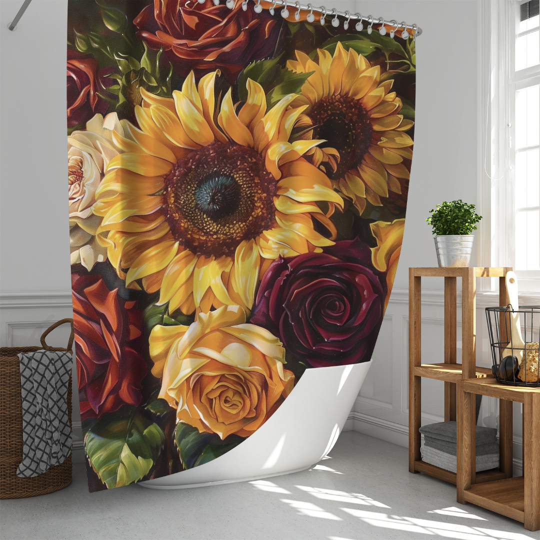 The Colorful Painting Sunflower Roses Shower Curtain-Cottoncat by Cotton Cat, showcasing vibrant artwork of sunflowers, roses, and other flowers, hangs beautifully in a white bathroom next to a wicker basket and a wooden shelf, perfectly blending floral themes into the serene space.