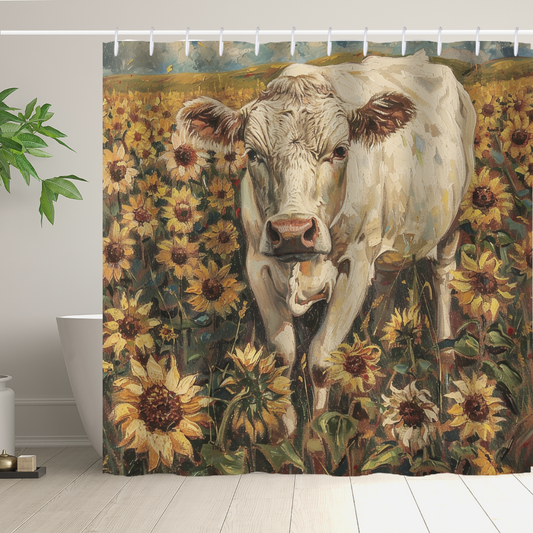 The bathroom is graced by the Cotton Cat Farmhouse Cow in a Field of Sunflowers Shower Curtain, featuring a white cow amidst vibrant sunflowers, complemented by a potted plant and a glimpse of the bathtub.