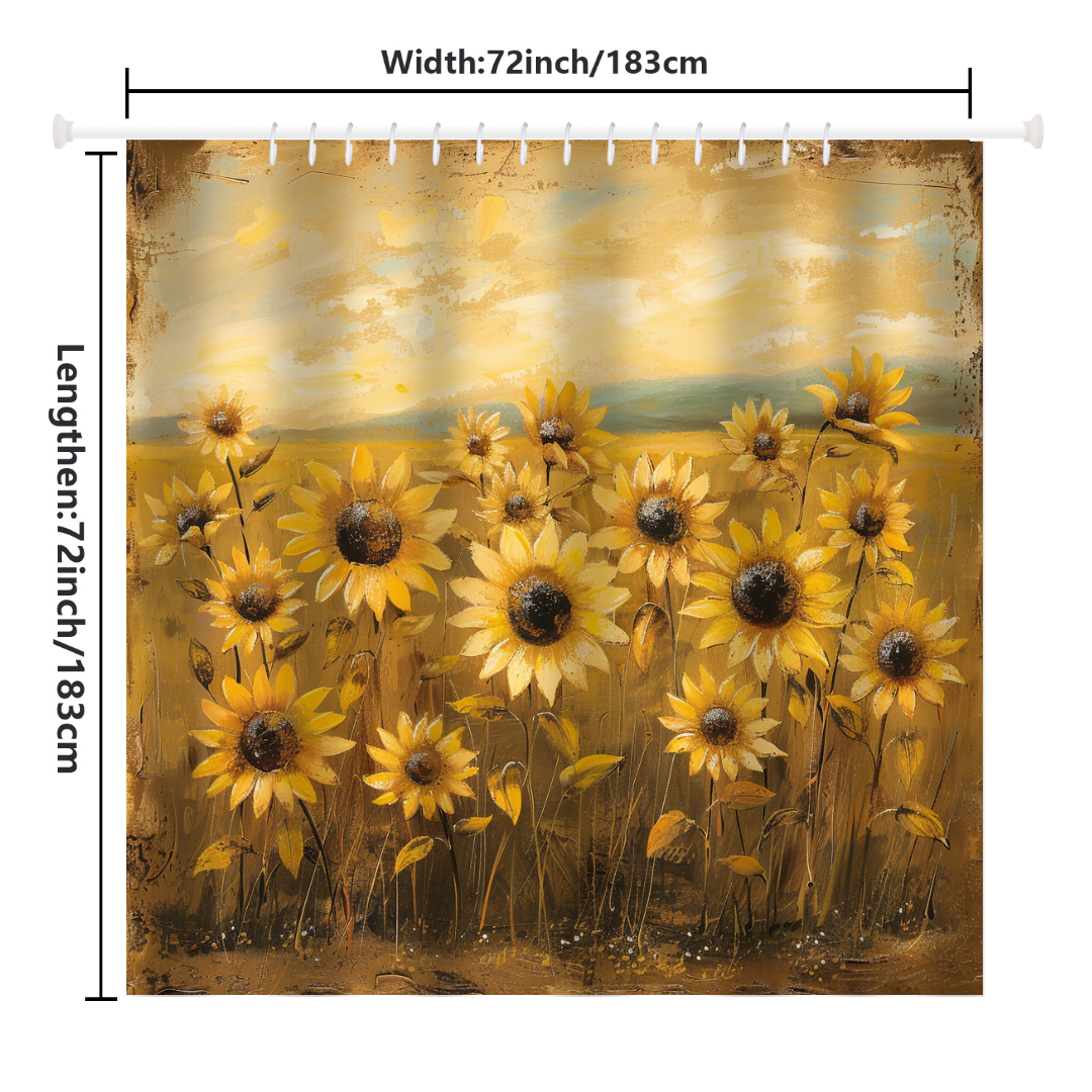 The Cotton Cat Rustic Retro Sunflowers Shower Curtain, measuring 72 inches by 72 inches (183 cm by 183 cm), showcases charming sunflower designs on a yellow and brown background, making it an ideal addition to bring farmhouse decor charm to your bathroom.