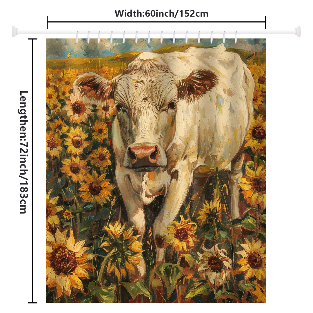 Enhance your farmhouse bathroom decor with the "Farmhouse Cow in a Field of Sunflowers Shower Curtain-Cottoncat" by Cotton Cat. This charming shower curtain features a painting of a cow standing in a sunflower field and measures 60 inches (152 cm) wide and 72 inches (183 cm) long.