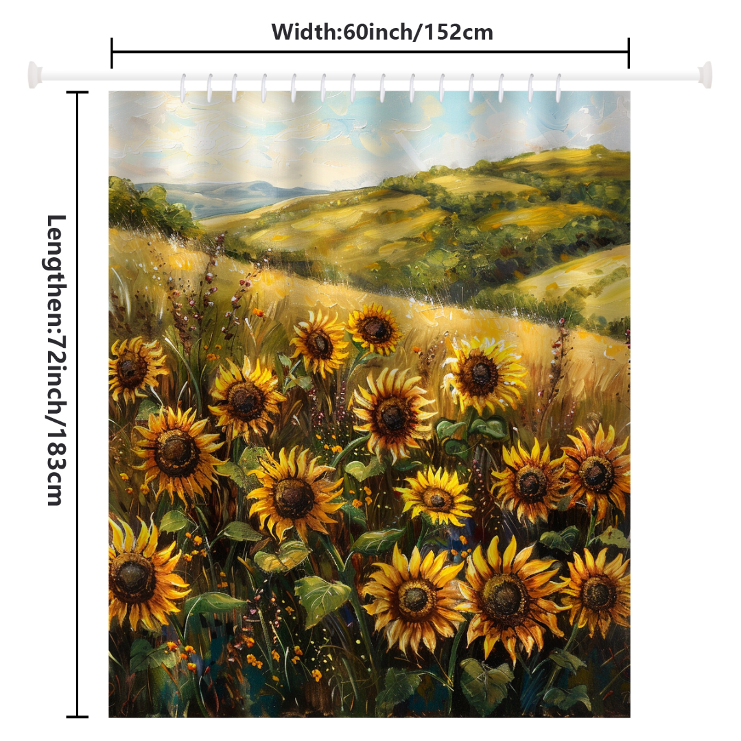 The Whimsical Rustic Charm Sunflowers Shower Curtain-Cottoncat by Cotton Cat, perfect for bathroom decor, measures 60 inches in width and 72 inches in length. It features a vibrant image of sunflowers in a hilly landscape under a partly cloudy sky, adding whimsical rustic charm to any space.