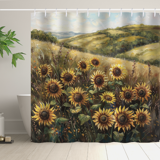 The Cotton Cat Whimsical Rustic Charm Sunflowers Shower Curtain, featuring a vibrant field of sunflowers set against rolling hills, adds whimsical rustic charm to bathroom decor, perfectly draped by a white tub and adjacent plant.