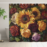 The Cotton Cat Colorful Painting Sunflower Roses Shower Curtain-Cottoncat showcases vibrant art with sunflowers and multicolored roses, hanging in a bathroom adorned with a white bathtub and an adjacent potted plant.