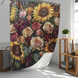 A Whimsical Sunflower Red Roses Shower Curtain-Cottoncat by Cotton Cat features playful designs of vibrant floral bouquets including sunflowers, roses, and more, hanging in a bathroom with white walls and a wooden shelf holding a potted plant. Durable and easy to clean, it adds charm and color to the space.