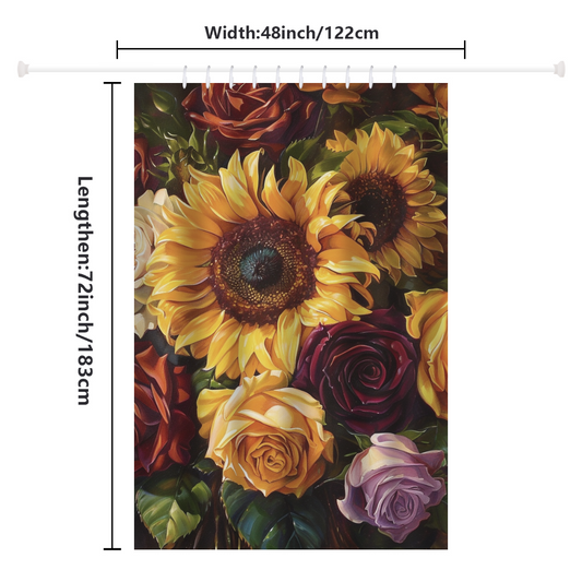 A vibrant artwork, the Colorful Painting Sunflower Roses Shower Curtain-Cottoncat by Cotton Cat, features a colorful painting of sunflowers and roses, measuring 48 inches in width and 72 inches in length.