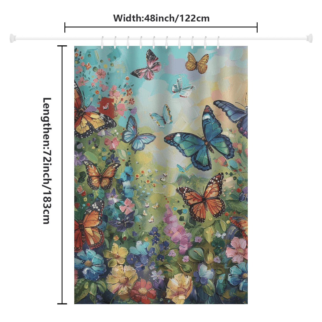 Introducing the whimsical Colorful Blue Butterfly Shower Curtain-Cottoncat by Cotton Cat, adorned with vibrant butterflies and flowers against a serene green and blue background. Made from water-resistant fabric, this curtain measures 48 inches in width and 72 inches in length, making it an ideal addition to your bathroom decor.