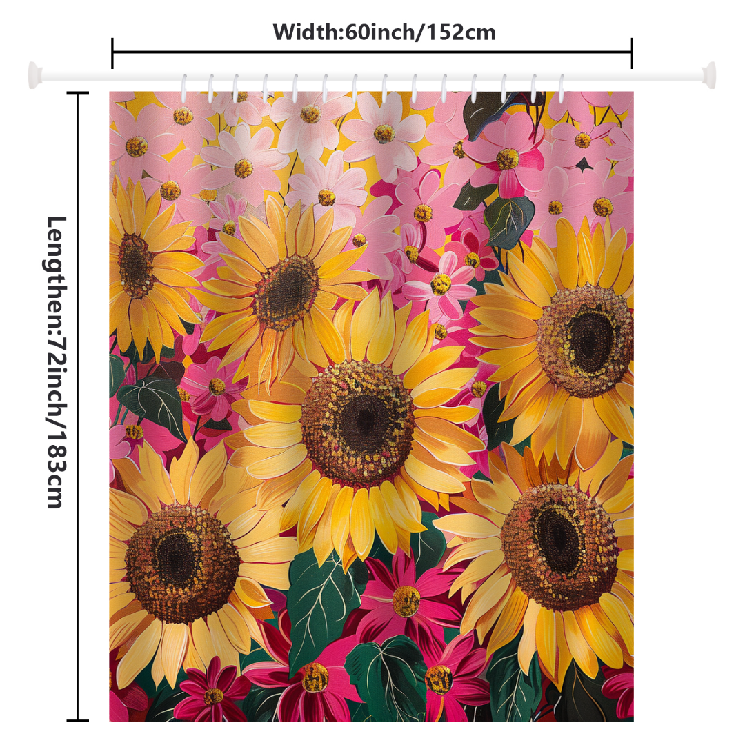 The Vintage Pink Cartoon Sunflower Shower Curtain by Cotton Cat is a whimsical, vintage-inspired piece featuring vibrant sunflowers and pink blossoms. Measuring 60 inches wide by 72 inches long (152 cm by 183 cm), it is crafted from high-quality polyester.