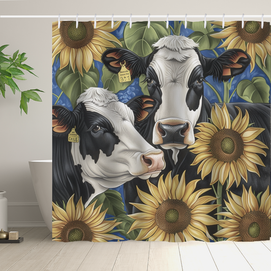 The Rustic Cow Sunflower with Green Leaf Shower Curtain by Cotton Cat features a vibrant design of two black and white cows with sunflowers in the foreground and green leaves in the background, perfect for adding a touch of farmhouse bathroom decor.