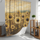 A bathroom featuring the Cotton Cat Rustic Retro Sunflowers Shower Curtain by Cottoncat, a wicker basket, a wooden shelving unit adorned with a potted plant, and a window allowing natural light.