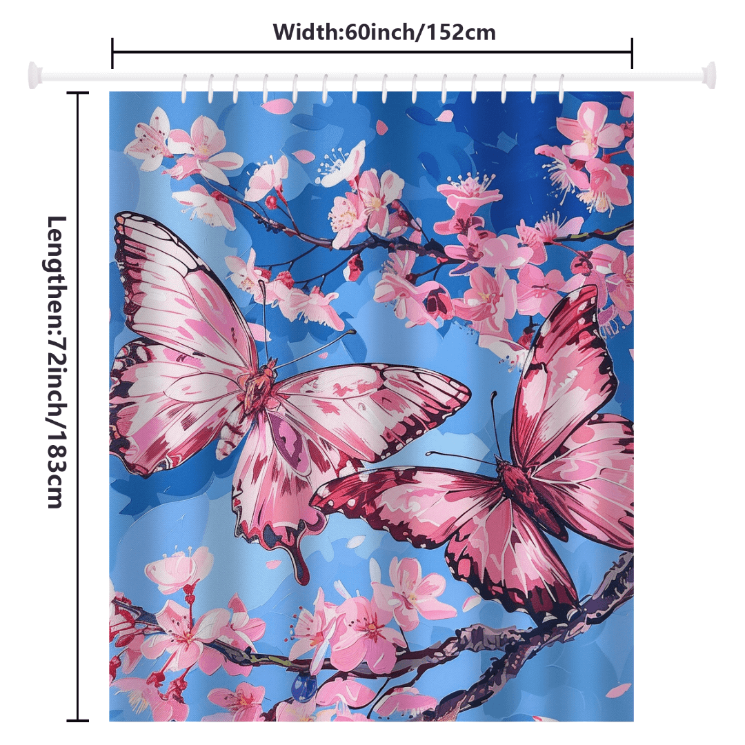 The Cotton Cat Aesthetic Blue Sky Pink Butterfly Floral Shower Curtain features a nature-inspired design of pink butterflies and cherry blossoms set against an aesthetic blue sky background. Measuring 60 inches in width and 72 inches in length, this curtain is perfect for adding a touch of elegance to your bathroom.