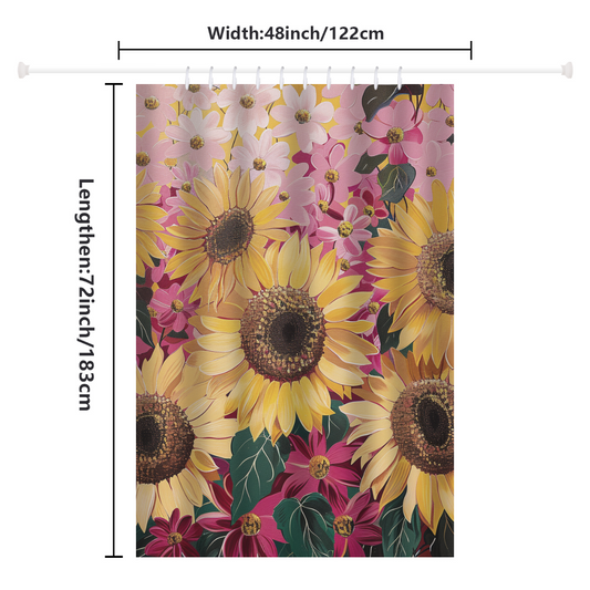 Introducing the Vintage Pink Cartoon Sunflower Shower Curtain by Cotton Cat, featuring a whimsical design with sunflowers and pink flowers. Made from high-quality polyester, this charming piece measures 48 inches (122 cm) wide by 72 inches (183 cm) long.