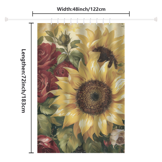The Cotton Cat Romantic Colorful Painting Sunflower Red Roses Shower Curtain, measuring 48 inches wide and 72 inches long, is adorned with vivid paintings of sunflowers and red roses.
