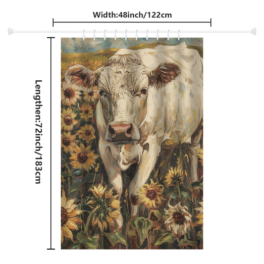 Displayed is the Cotton Cat Farmhouse Cow in a Field of Sunflowers Shower Curtain, measuring 48 inches in width and 72 inches in length—an ideal addition to bring a farmhouse touch to your bathroom decor.