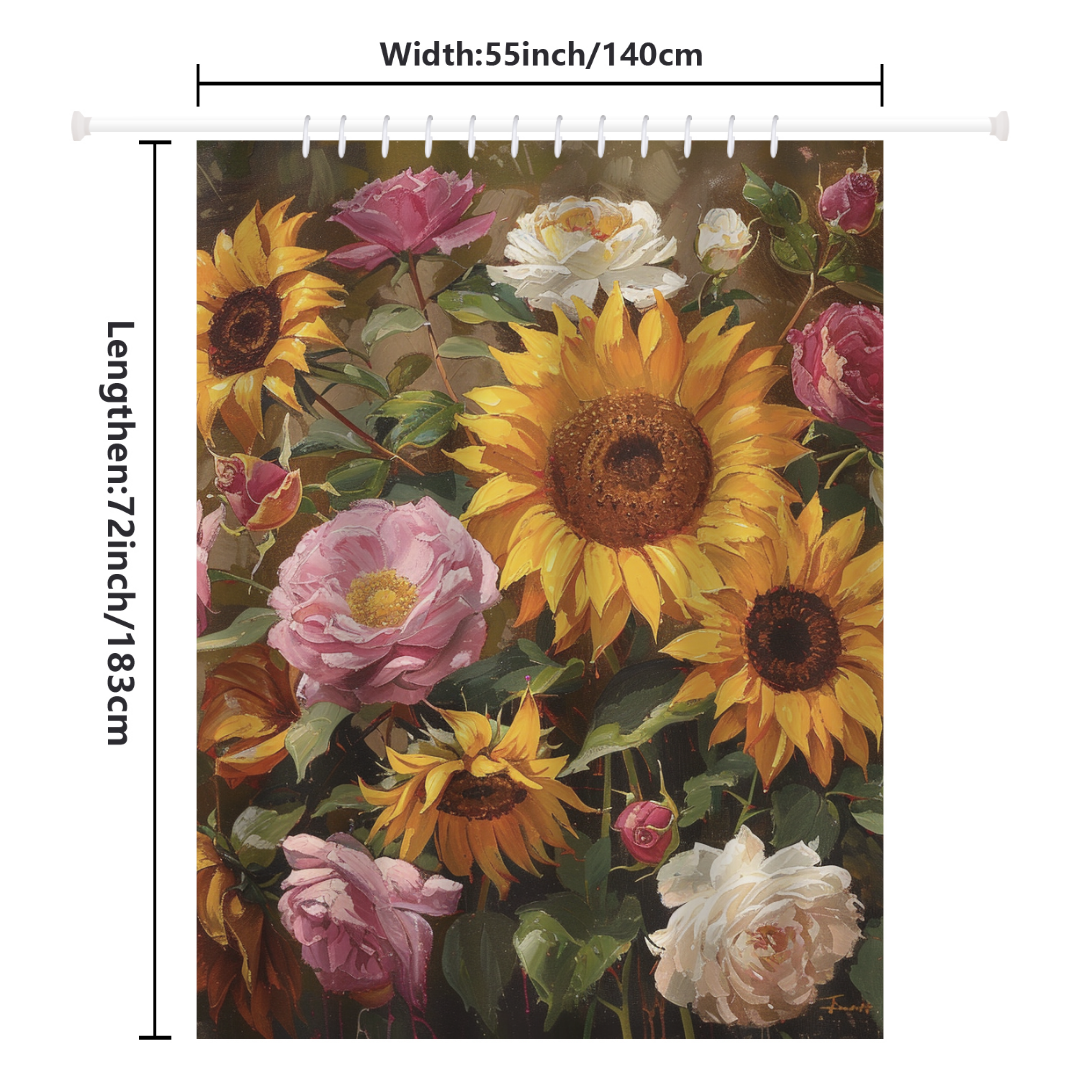 The "Colorful Painting Sunflower Pink Roses Shower Curtain" by Cotton Cat, measuring 55 inches in width and 72 inches in length, is perfect for adding a vibrant touch to your bathroom decor with its colorful floral design featuring sunflowers and pink roses.