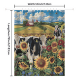 The Rustic Farmhouse Cow Sunflower Shower Curtain Blue Sky-Cottoncat by Cotton Cat features an illustration of cows in a sunflower field, a red barn, and rolling hills under a bright blue sky. It measures 55 inches (140 cm) wide by 72 inches (183 cm) long.