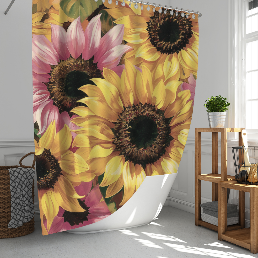 A Rustic Pink Sunflower Shower Curtain-Cottoncat by Cotton Cat, crafted from high-quality polyester, hangs in a brightly lit bathroom adorned with a wicker basket and wooden shelving, adding a touch of farmhouse decor.