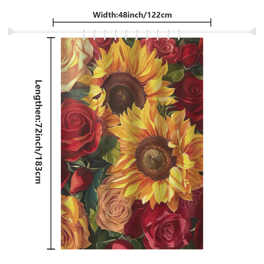 Introducing the Romantic Sunflower Red Roses Shower Curtain-Cottoncat by Cotton Cat, a premium polyester shower curtain measuring 48 inches in width and 72 inches in length. This elegant bathroom decor features a colorful floral design with sunflowers and roses.