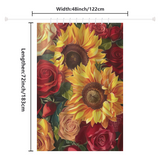 Introducing the Romantic Sunflower Red Roses Shower Curtain-Cottoncat by Cotton Cat, a premium polyester shower curtain measuring 48 inches in width and 72 inches in length. This elegant bathroom decor features a colorful floral design with sunflowers and roses.