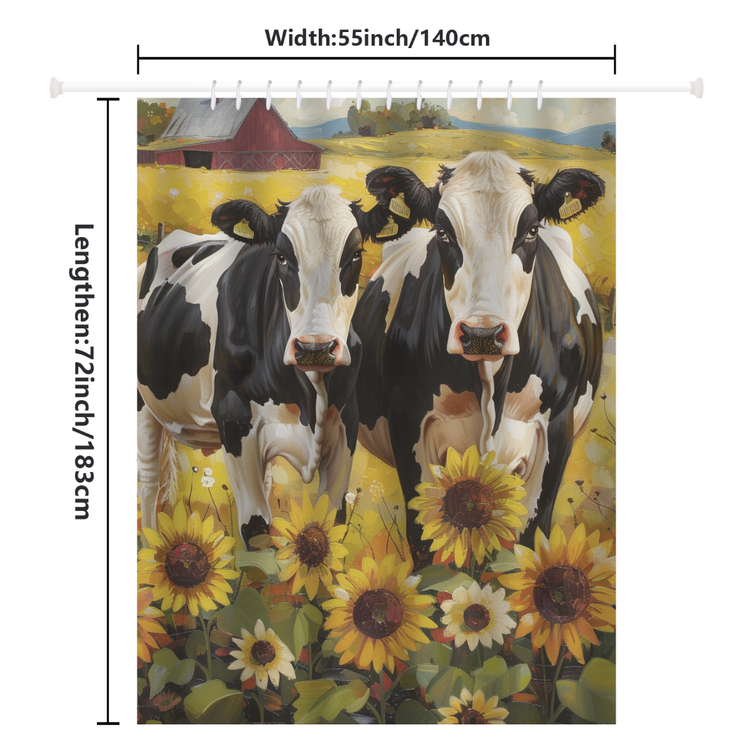 Introducing the Cotton Cat "Farmhouse Black White Cow Sunflower Shower Curtain-Cottoncat," featuring a charming farm scene with two black and white cows in a sunflower field, with a barn in the background. This shower curtain measures 55 inches wide by 72 inches long.