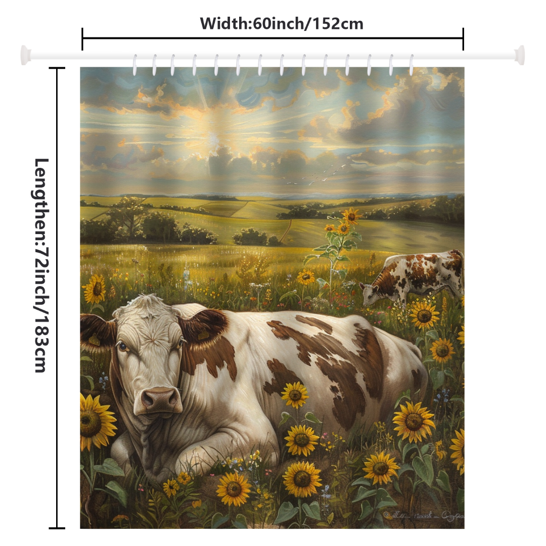 Introducing the Farmhouse Cow Graze Sunflower Shower Curtain-Cottoncat by Cotton Cat, featuring a serene rural scene with cows lying and grazing in a sunflower field under a cloudy sky. This beautifully detailed shower curtain measures 60 inches in width and 72 inches in length.