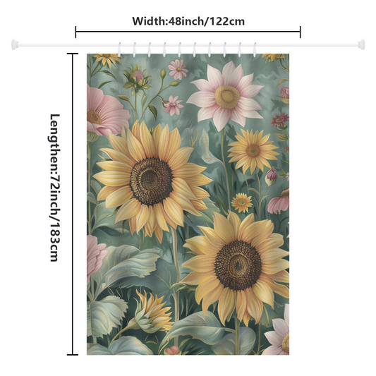 Elevate your rustic bathroom decor with the Cotton Cat Farmhouse Green Pink Sunflower Shower Curtain, showcasing a charming floral design of green, pink sunflowers and daisies. This curtain measures 48 inches in width and 72 inches in length and can be easily hung on a rod.