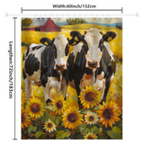 The Cotton Cat Farmhouse Black White Cow Sunflower Shower Curtain, featuring two black and white cows in a sunflower field with a barn in the background, measures 60 inches wide by 72 inches long.