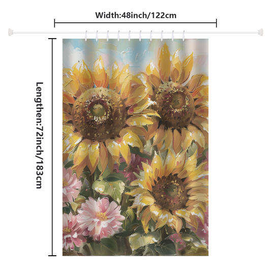 The Artistic Oil Painting Pink Floral Sunflower Shower Curtain by Cotton Cat showcases a stunning oil painting design with sunflowers and pink flowers. Crafted from premium polyester, it measures 48 inches in width and 72 inches in length, adding a touch of elegance to any bathroom.