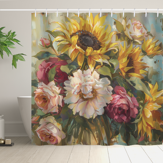 The Cotton Cat Yellow Oil Paint Sunflower Pink Flower Shower Curtain hangs beside a white bathtub and green plant.