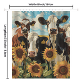 The Cotton Cat Farmhouse Chic Cow Sunflower Shower Curtain-Cottoncat showcases a charming illustration of cows with ear tags among vibrant sunflowers. It's perfect for adding a touch of farmhouse chic to your bathroom decor. Dimensions: 66 inches wide by 72 inches long.