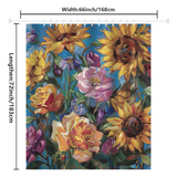 The Colorful Purple Floral Sunflower Shower Curtain by Cotton Cat, named the "Colorful Purple Floral Sunflower Shower Curtain Blue Sky-Cottoncat," showcases a vibrant floral tapestry with sunflowers, roses, and other flowers set against a blue sky backdrop. The curtain measures 66 inches wide and 72 inches long.