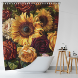 A white bathtub with a Cotton Cat's Colorful Painting Sunflower Roses Shower Curtain, showcasing vibrant artwork of sunflowers and roses. Nearby, wooden stools adorned with bath products enhance the floral theme throughout.