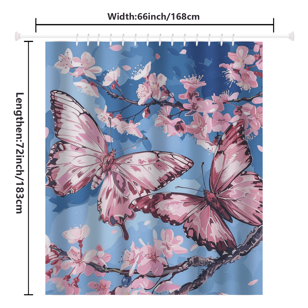 The Cotton Cat Aesthetic Blue Sky Pink Butterfly Floral Shower Curtain features two pink butterflies among cherry blossoms on a beautiful blue sky background. It measures 66 inches in width and 72 inches in length.