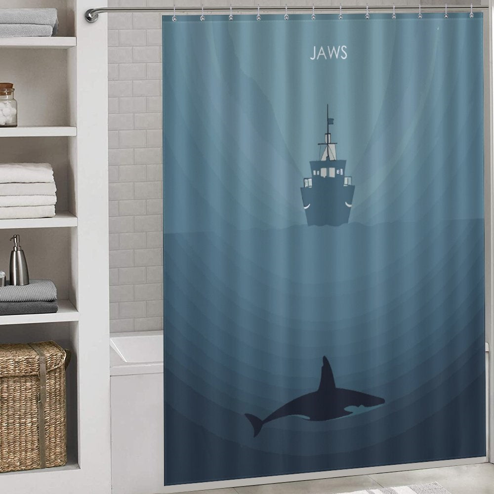 Get your bathroom decor on point with this waterproof Jaws Shark Shower Curtain by Cotton Cat, featuring a captivating image of a shark and a ship.