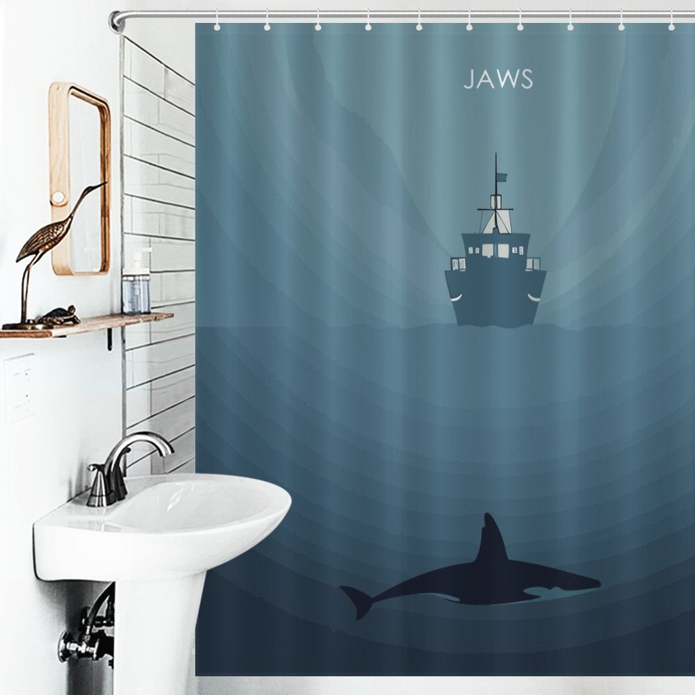 Elevate your bathroom decor with an eye-catching Jaws Shark Shower Curtain-Cottoncat. This waterproof curtain from Cotton Cat features a captivating design of a shark and ship in the background, adding a touch of adventure to your daily routine.