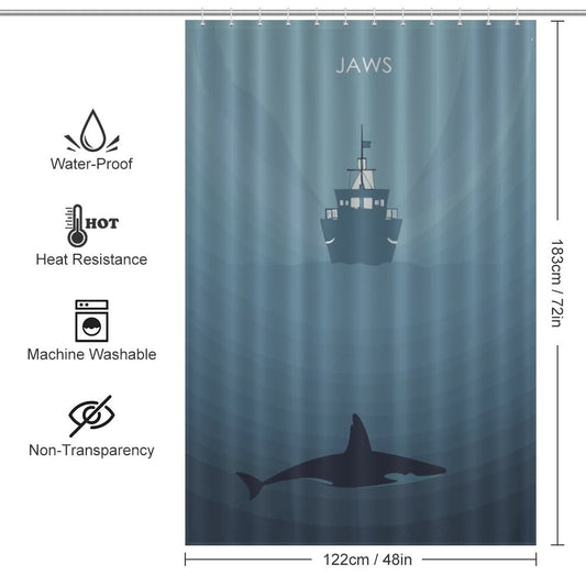 A Jaws Shark Shower Curtain with an image of an orca and a ship, perfect for adding unique bathroom decor, brought to you by Cotton Cat.
