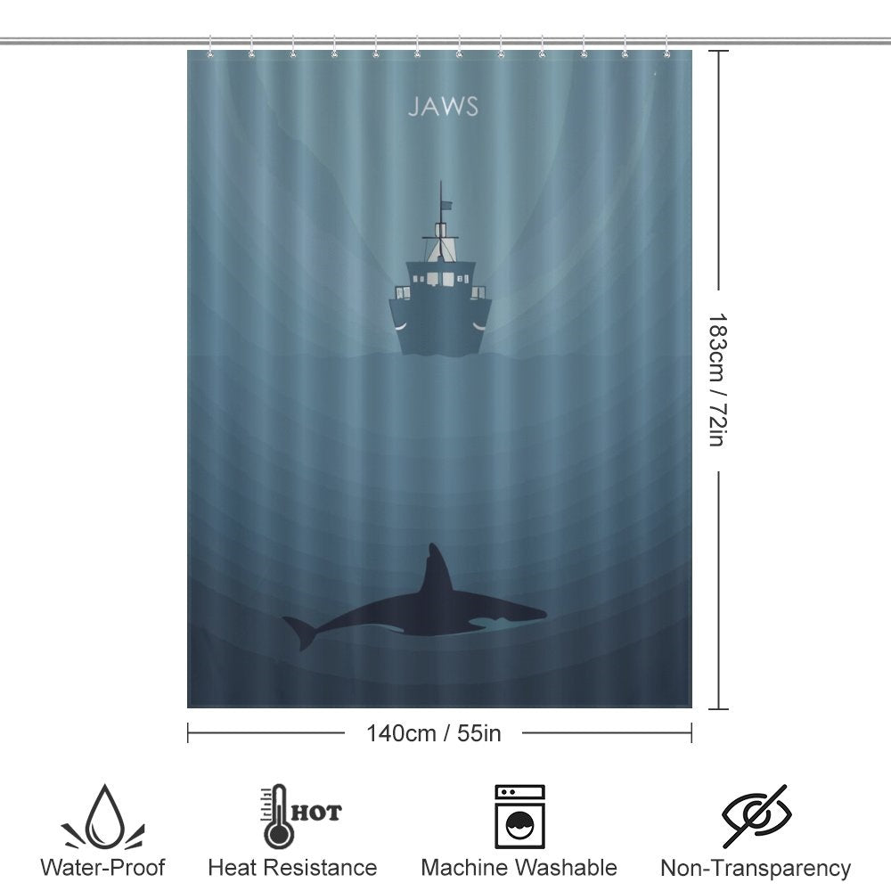 Elevate your bathroom decor with a waterproof Jaws Shark Shower Curtain from Cotton Cat, featuring an image of a ship.