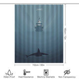 This Jaws Shark Shower Curtain from Cotton Cat is the perfect addition to your bathroom decor, featuring a mesmerizing image of a shark and a ship.