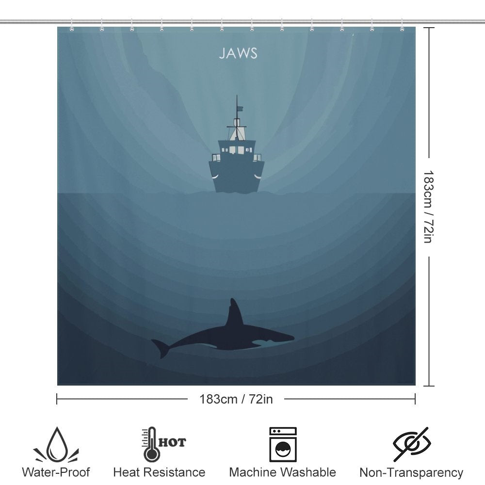 This Jaws Shark Shower Curtain by Cotton Cat is the perfect addition to your bathroom decor, featuring a captivating image of a shark and ship.