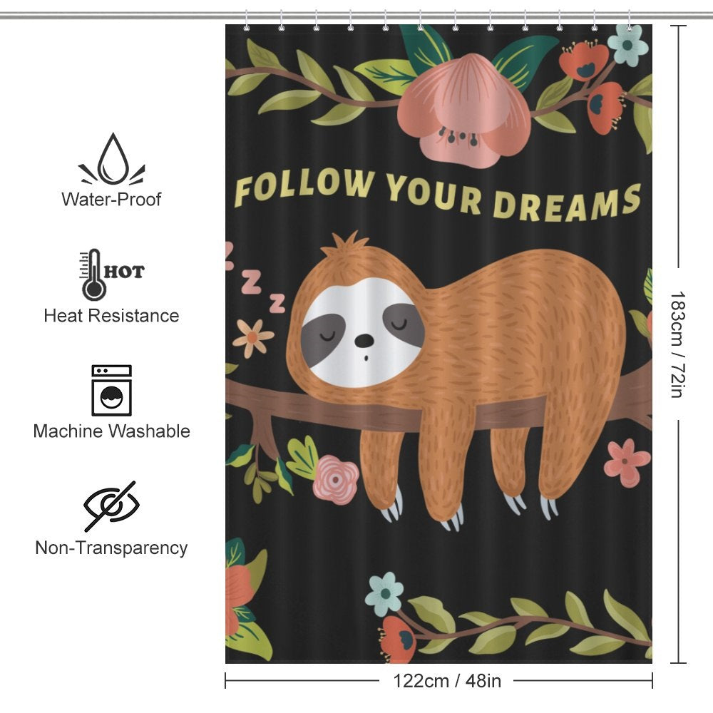 Elevate your bathroom decor with a waterproof Sleeping Sloth shower curtain from Cotton Cat that inspires you to follow your dreams.