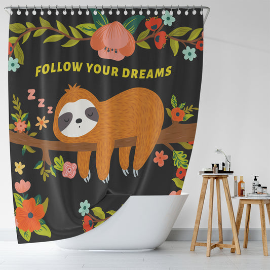 Sleeping Sloth Shower Curtain by Cotton Cat, perfect bathroom decor for those who dare to follow their dreams.