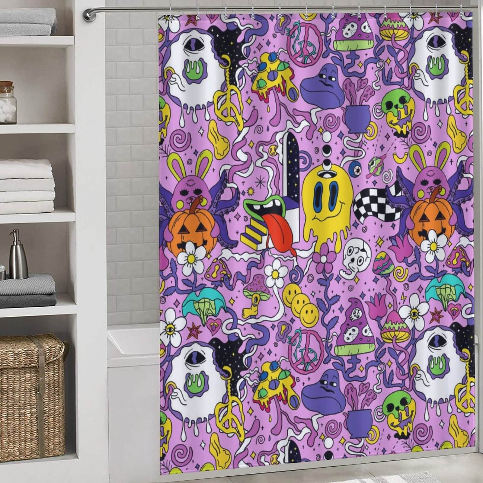 A Psychedelic Trippy Shower Curtain-Cottoncat with a lot of cartoon characters on it from the brand Cotton Cat.