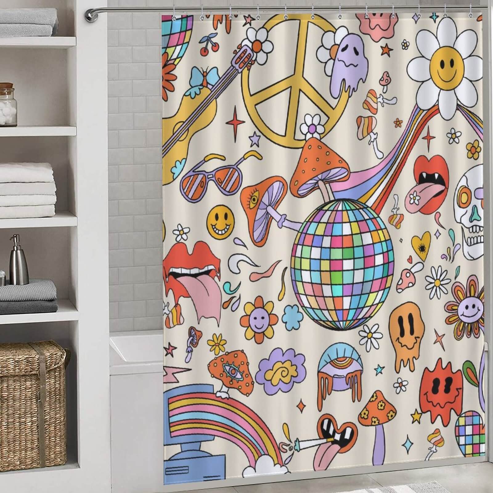 A retro-inspired bathroom with the Retro Trippy Shower Curtain-Cottoncat that brings a disco vibe by Cotton Cat.