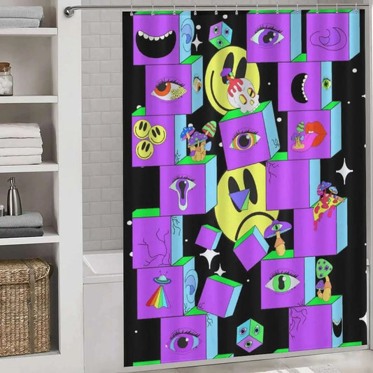 A Cotton Cat 60s Trippy Shower Curtain featuring cartoon characters in a vibrant 60s style.